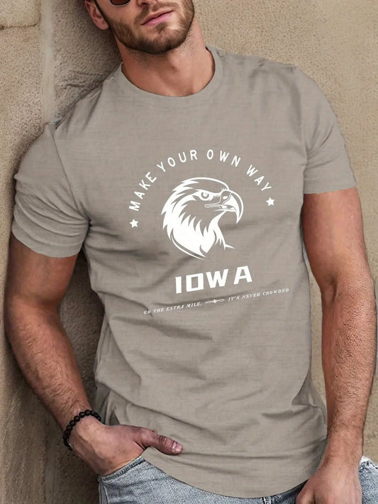 Men's Iowa "Find Your Own Way" Graphic T-Shirt - Vibrant Blue Casual Short Sleeve Tee with Eagle & Stars Design, Lightweight Summer Top, Regular Fit, Machine Washable, Bold Design, Breathable Fabric, Comfortable Shirt Dropshipman