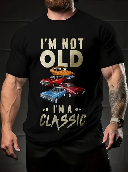 Men'S "I'm Not Old, I'm a Classic" Graphic T-Shirt - Black Casual Sports Tee with Vintage Car Print, Short Sleeve, Round Neck, Summer Outdoor Top for Running and Weekend Activities, Outdoor Sportswear | Vintage Car Print | Comfortable Fit, Vintage T Shir Dropshipman
