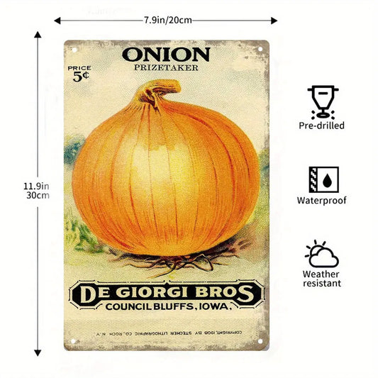1pc Vintage Farm Planting Retro Metal Sign Poster - "Onion Prizetaker" by De Giorgi Bros, Council Bluffs, Iowa, 20.32x30.48 cm, Reusable Wall Decor for Home, Office, Bar, Cafe, and Garage, Holiday Gift Idea, Garage Wall Art | Vintage Metal Sign | Durable Dropshipman