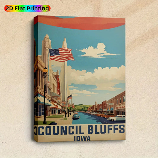 1pc Vintage Iowa Main Street Flag - Council Bluffs Iowa Retro Travel Poster Art - Midwestern Americana Decor - Canvas Wall Art Print - Iowa State Flag Design - for Living Room, Office, or Travel-Themed Spaces - Ideal Gift for Iowa Lovers & Road Trip Enth Dropshipman