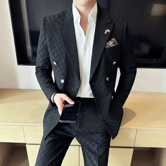 (Jacket+Pants)Luxury Checkered Double Breasted Suit  2 Pieces Fashion Business Slim Fit Social   Formal Suit Evening Dress 5XL-M Dropshipman