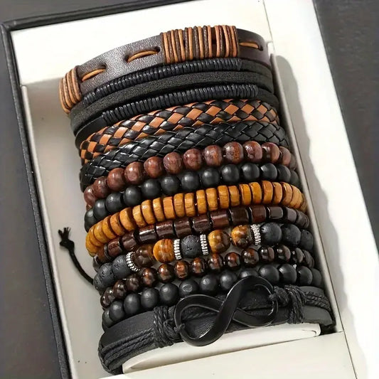 12pcs Retro Braided Faux Leather Bracelet Set with Tiger's Eye and Moonstone Beads for Casual Attire Party Fashion Accessories (No Box Included) Dropshipman